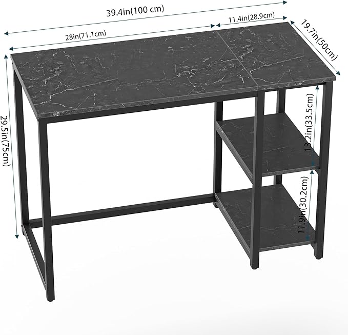 SINPAID Computer Desk 40 inches with 2-Tier Shelves Sturdy Home Office Desks with Large Storage Space Modern Gaming Desk Study Writing Laptop Table, Black Marbling