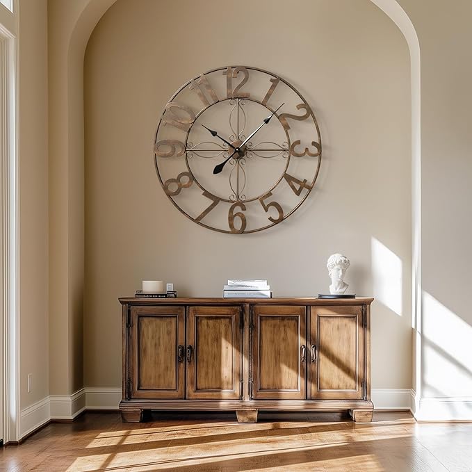 Large Retro Rustic Bronze 36 Inch Silent Non-Ticking Battery Operated Metal Round Arabic Numerals Analog Wall Clock for Living Room, Kitchen, Office, Bedroom, Dining Room