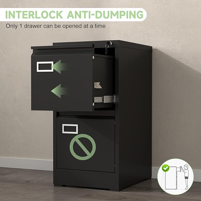 Filing Cabinet,2 Drawer File Cabinet with Lock,Small Filing Cabinets for Home Office,Letters/Legal/A4,Assembly Required,Black