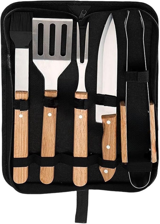 Grill Tools Set Stainless Steel, Grill Utensils Set with Wood Handles, Barbecue Tools Set for Outdoor, Ideal Grill Kit for Cooking. (5A)