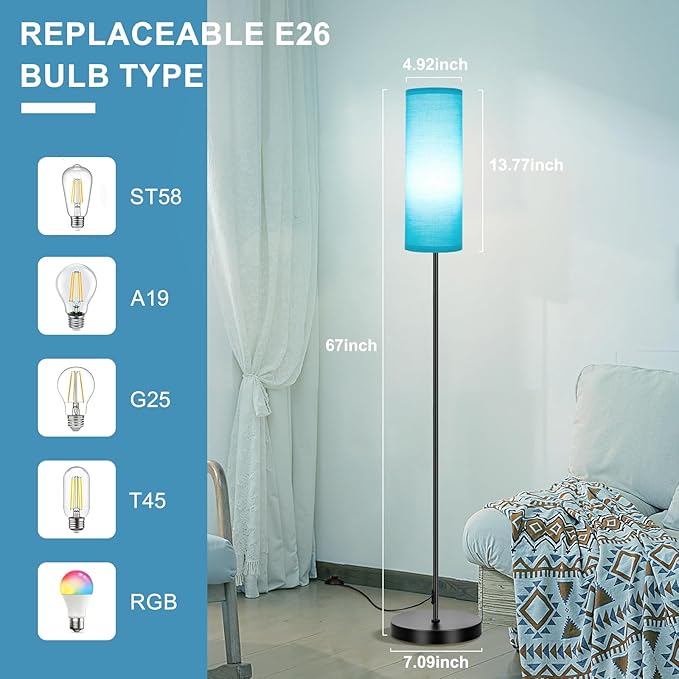 FRIDEKO HOME Floor Lamp for Bedroom, Tall Standing Lamps for Living Room, Modern Corner Floor Lamps for Living Room, 3CCT&Brightness Dimmable, 800 LM, RGB Smart Bulb, Foot Switch, Turquoise Lampshade