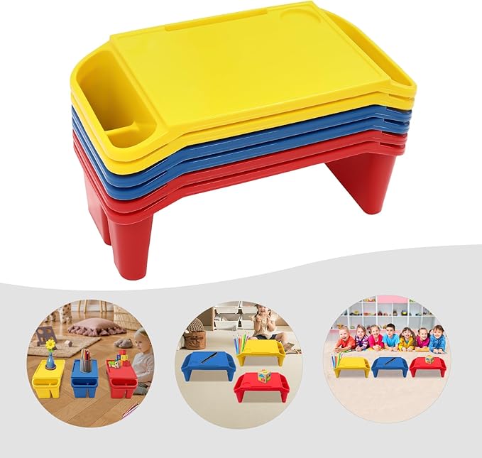 6 Pcs Kids Lap Desk Tray, Plastic Breakfast Lap Desk Trays with Side Pockets and Slot, Portable Lap Table Snack Tray for Eating, Writing, Drawing, Game, 19.69" L x 9.84" W x 7.1" H (3 Colors)
