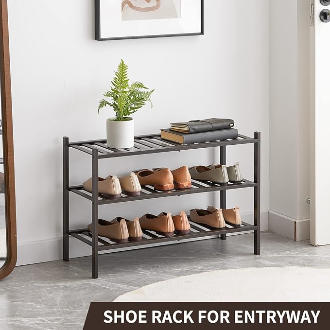 Shoe Rack, 3-Tier Bamboo Stackable Shoe Shelf Storage Organizer, Shoe Stand for Closet, Entryway and Hallway