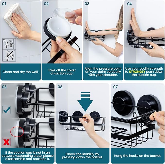 TAILI Corner-adaptive Suction Cup Shower Caddy 2 Pack, Stainless Steel Rustproof Corner Shower Shelves, Drill-Free Wall Mounted Baskets, Large Capacity, Removable Suction Cup Bathroom Organizer, Black