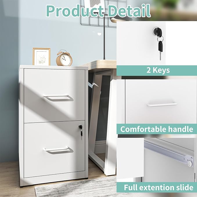 AQY 2 Drawer File Cabinet with Lock, Metal White Filing Cabinets for Home Office, 18" Deep Heavy Duty Vertical Storage Cabinet for Hanging A4/Letter/Legal Size Files, Assembly Require