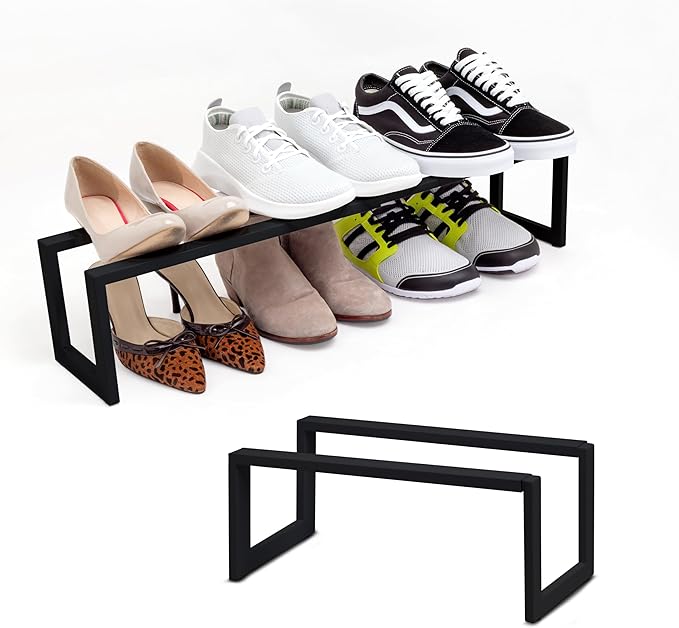QUALIAZERO 2-Tier Expandable Shoe Rack – Durable Organizer Shelf for Entryways, Bedrooms, Bathrooms, and Laundry Rooms (Galaxy Black, 2 Pack)