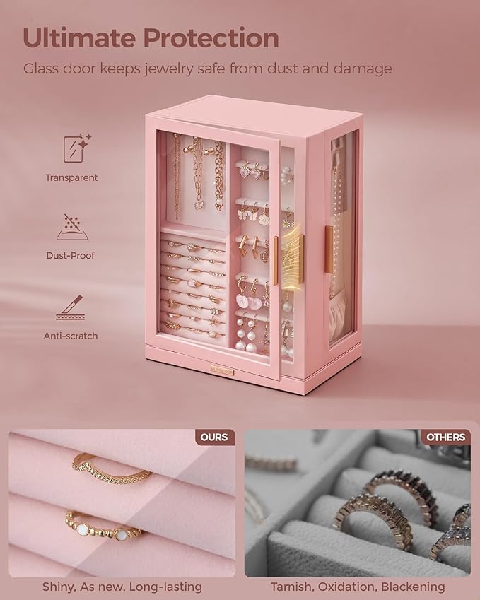 360° Rotating Jewelry Box with 7 Drawers, Spacious Vertical Jewelry Organizer with Glass Window, Jewelry Storage Case, Dustproof & Moisture-resistant Design, Pink