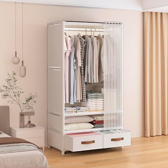 Portable Closet,Portable Closets for Hanging Clothes,Japanese Style Garment Rack Clothing Rack with 2 Drawers,1 Hanging Rods and 2 Storage Shelves,27.5" L x 17.7" W x 65.1" H,White