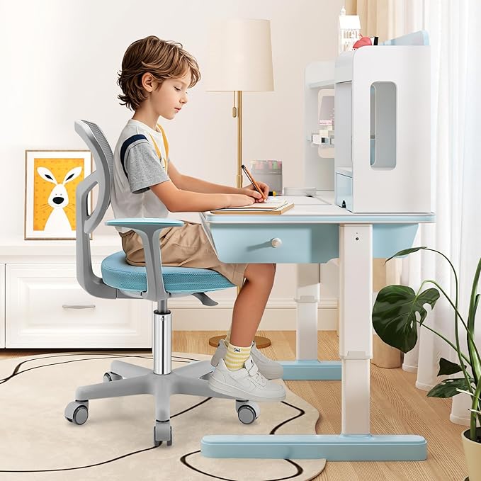 Giantex Kids Desk Chair, Height Adjustable Children Swivel Computer Chair with Y-Shaped Lumbar Support & Universal Casters, Mesh Kids Task Chair for Study, Boys Girls Aged 4-13, Blue