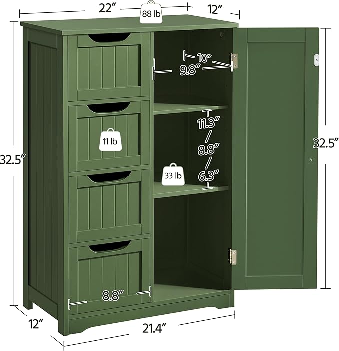 Yaheetech Wooden Bathroom Floor Cabinet, Side Storage Organizer Cabinet with 4 Drawers and 1 Cupboard, Freestanding Entryway Storage Unit Console Table, Bathroom Furniture Home Decor, Green