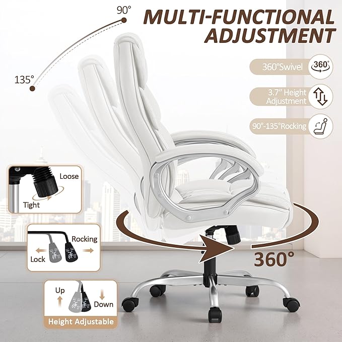 Homall Office Chair High Back Computer Desk Chair, PU Leather Adjustable Height Modern Executive Swivel Task with Padded Armrests and Lumbar Support (White)