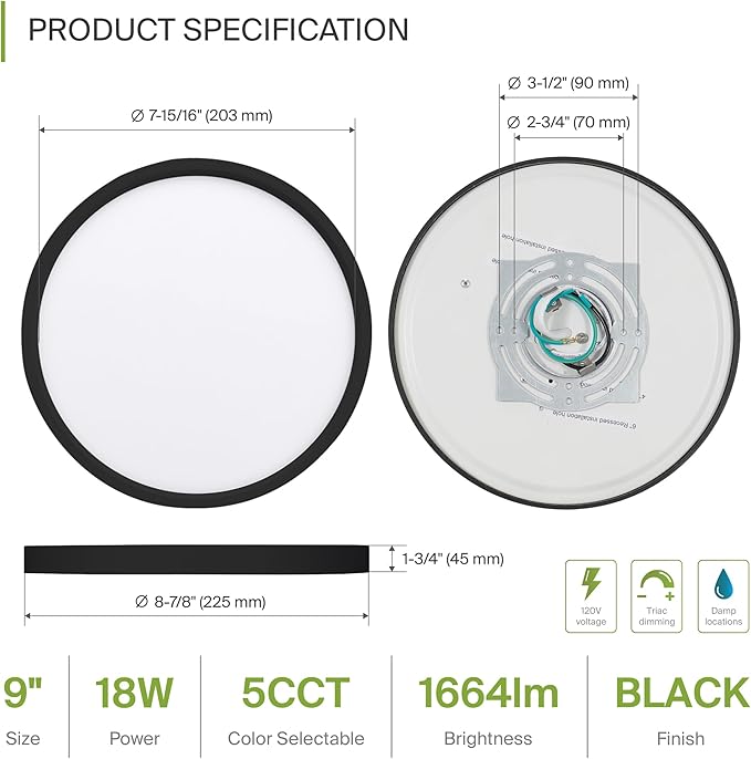 ASD LED 9" Round Flush Mount Ceiling Light Fixture, Low Profile Surface Lighting | 5CCT, Dimmable, Ultra-Thin, ETL Listed | 18W 1660LM 2700-6000K 120V | Kitchen, Bedroom, Hallway Lamp | Black, 12 Pack