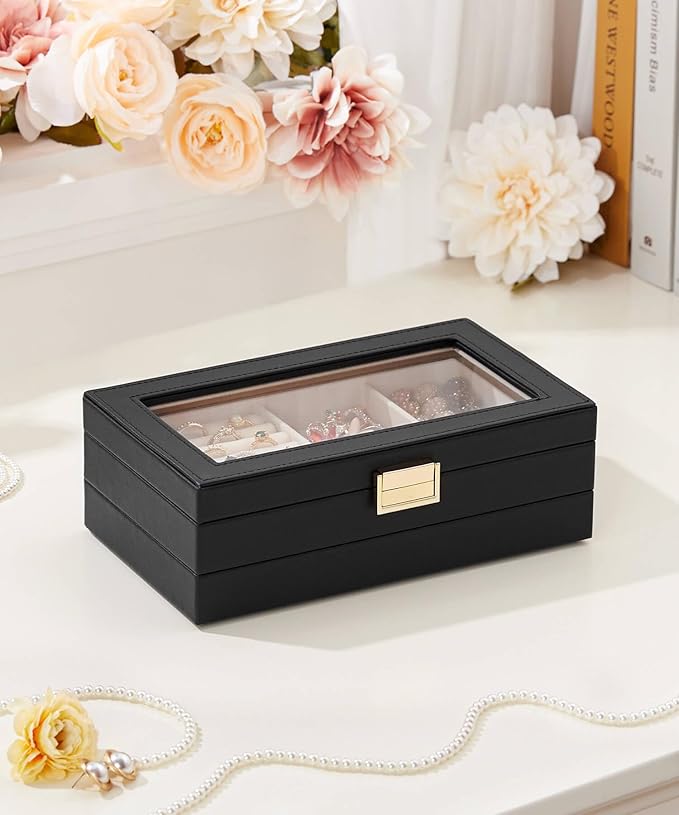 Homde Jewelry Tray Stackable Jewelry Box with Glass Lid, Removable Dividers for Vanity Table Gift Idea for Girls and Women (Black)