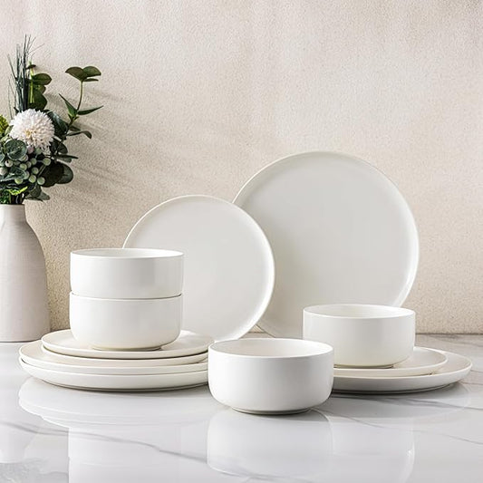LERATIO Stoneware Dinnerware Sets for 4,Handcarft Ceramic Plates and Bowls Sets,Chip and Scratch Resistant Dishes, Dishwasher & Microwave Safe, Oven safe,Reactive Glaze-White