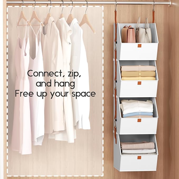 Hanging Closet Organizer 4 Tier - Clothes Hanging Shelves, Space-Saving Closet System, Fabric Storage Bins Bedroom Organization, Collapsible Baskets for Home, Dorm, Rv, White, 2 Pack
