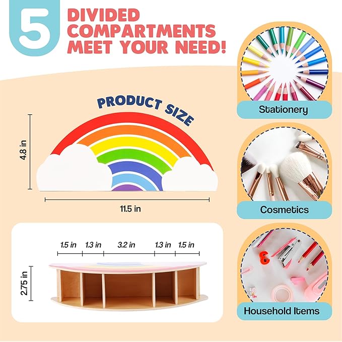 GAMENOTE Rainbow Wooden Desk Organizer – Natural Wood, No Smell, Childfriendly Pen Pencil Holder Caddy for Office Supplies, Classroom,Study Area– Cute Storage for Kids Present