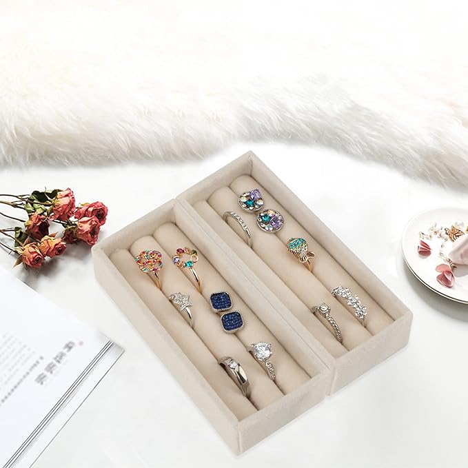 DesignSter Small Jewelry Tray, 2PCS Ring Organizer, Velvet Jewelry Display Tray, Stackable Jewelry Organizer Trays, Jewelry Drawer Organizer Inserts For Dresser, Jewelry Box (Beige)