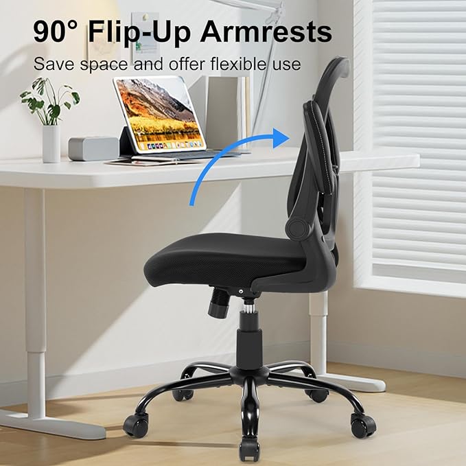 Office Chair Ergonomic Desk Chair Mesh Computer Home Office Desk Chair with Adjustable Lumbar Support Flip-up Armrests, 360 Swivel Comfy Task Executive Chair, Black