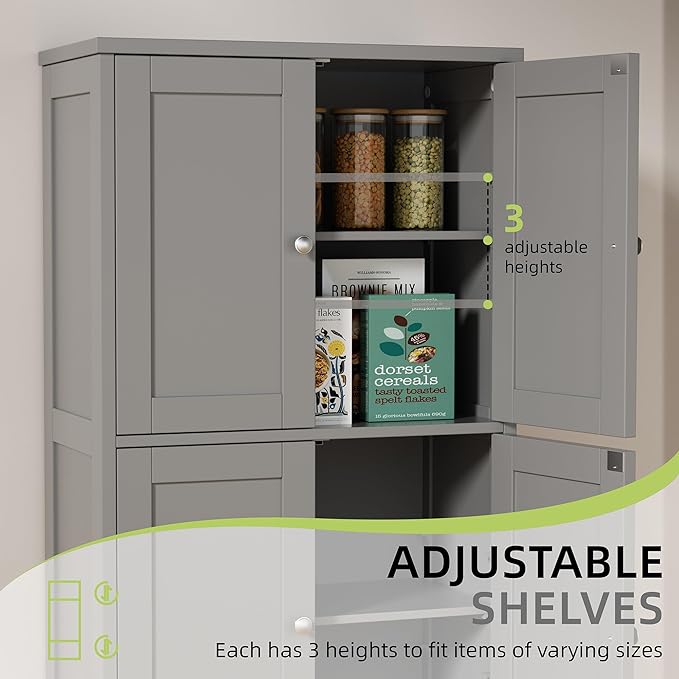 Vongrasig Bathroom Floor Storage Cabinet, Modern Storage Unit with 4 Doors and Adjustable Shelves, Freestanding Sideboard Cabinet for Bathroom, Kitchen, Living Room, Grey