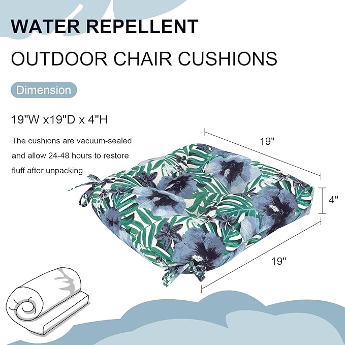 Set of 2 Outdoor Chair Cushions 19"x19"x4",Water Repellent Tufted Seat Cushions with Ties, Replacement Thick Chair Pads for Wicker Dining and Patio Furniture - Blue Salmone Tropical