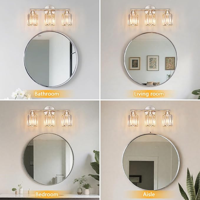 Modern 3 Light Crystal Vanity Light, Brushed Nickel Vertical Bathroom Light Fixture Over Mirror for Dressing Table Sink, Compatible with Dimmable Bulbs (Bulbs Not Included)