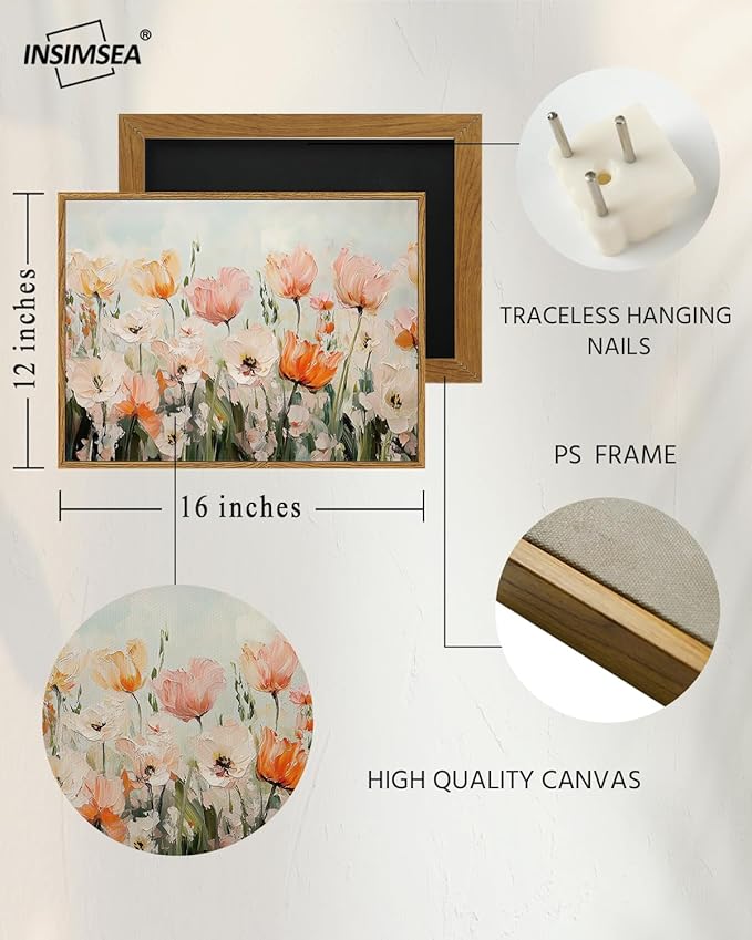 InSimSea Framed Wall Art for Living Room Flower Paingtings Tulips in Full Bloom Pictures Wall Decor Room Aesthetic Floral Art Elegant Canvas Print Home Decor for Bathrrom, Bedroom Décor 12x16In