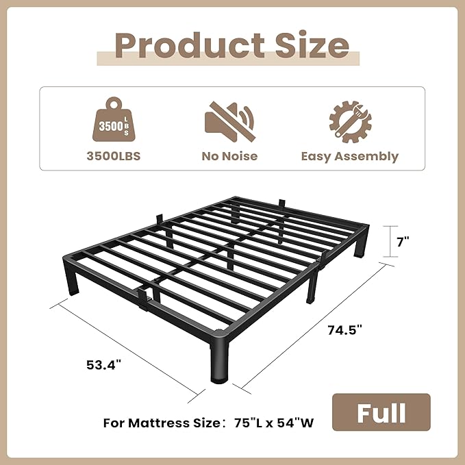 ROIL 7 inch Full Size Bed Frame with Round Corner Legs Mattress Retainers 3500LBS Heavy Duty Steel Slats No Box Spring Needed Platform Noise-Free Easy Assembly