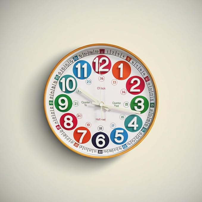 Learning Time Clock for Kids,12 Inch 3D Numbers Colorful Clock Face Silent Clocks，Bedroom,Kitchen,Classroom,Décor at School, Clear Digital Wall Clock for Kids Room (3D Wood Color Luminous)
