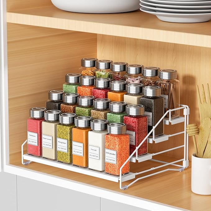 RCHYFEED Spice Rack Organizer for Cabinet, 4 Tier Spice Organization for Cabinet Depth Adjustable,Tierd Spice Rack Seasoning Organizer for Kitchen Countertop Pantry, Metal(1 Pack)