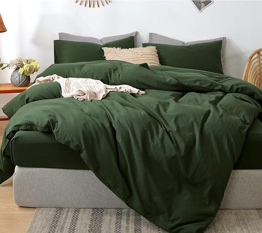 MooMee Bedding Duvet Cover Set 100% Washed Cotton Linen Like Textured Breathable Durable Soft Comfy (Solid Forest Green, Full 80"x90")