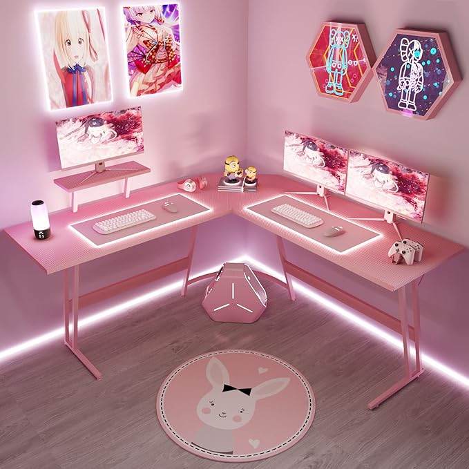 Homall Pink L Shaped Gaming Desk Computer Corner PC Desk Table with Large Monitor Stand for Home Office Studying Writing Workstation, Gift for Girls and Women (Pink, 57 Inch)