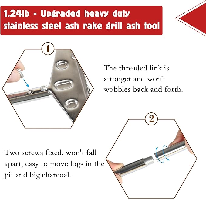 Heavy Duty Charcoal Grill Rake Ash Tool Accessories With Rubber Handle, Kettle Grill Pizza Oven Ash Rake - 32 Inch