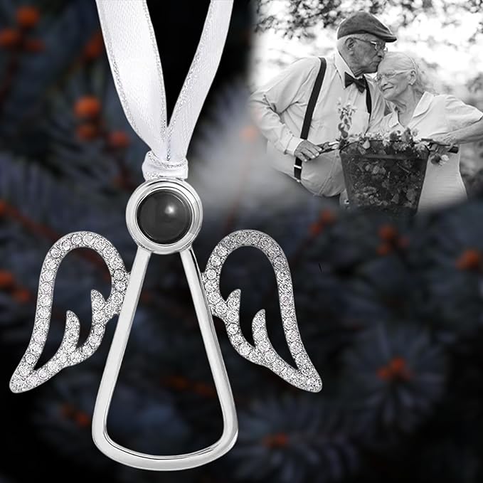 NAZENTI Personalized Christmas Ornament for Grandparents, Custom Angel Wings Photo Projection Ornament, Memorial Ornaments with Photo Inside for Tree Hanging Xmas, Family Remembrance Decor
