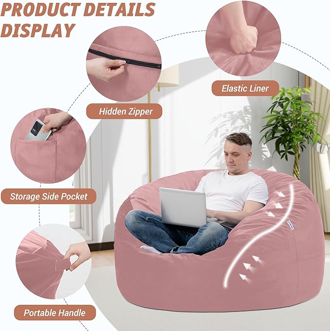 3FT Bean Bag Chair with Ultra Soft Velvet Cover Bean Bag Sofa with Memory Foam Bean Bag Chairs with Large Size Lazy Sofa for Dorm Office Living Room Bedroom Dusty Pink 3'