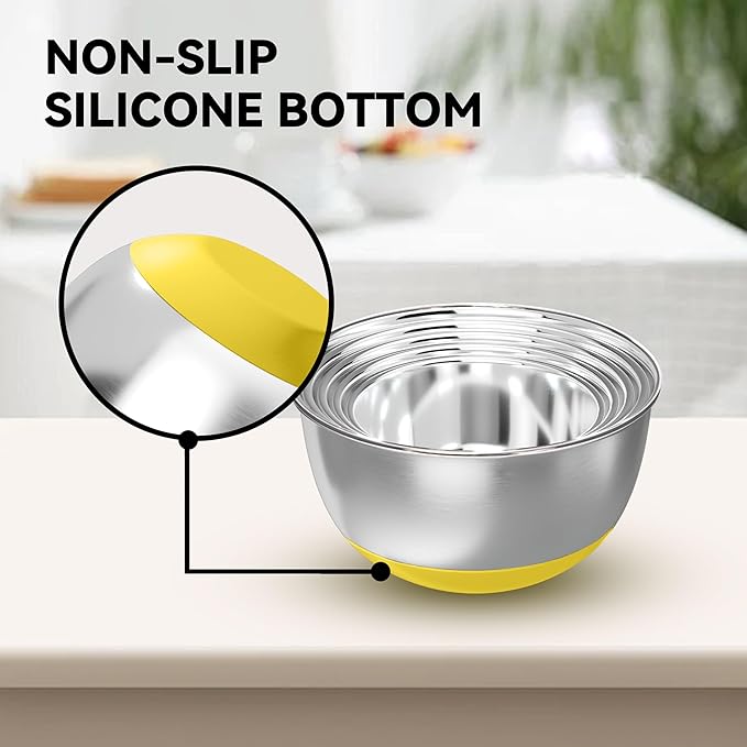 Stainless Steel Mixing Bowls with Lids – Set of 5 Large Nesting Metal Bowls for Kitchen, Baking, Cooking, Food Prep & Storage, Non-Slip Base, Dishwasher Safe,Yellow