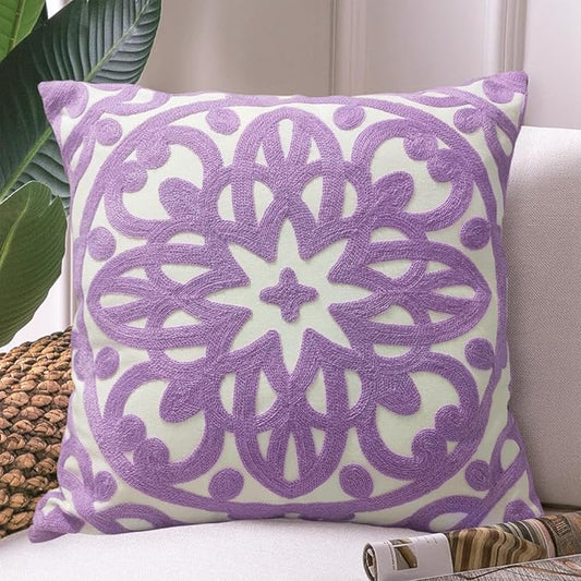 Alysheer Embroidered Decorative Throw Pillow Cover 18"x 18", Boho Mandala Modern Thick Embroidery Pattern Durable Cotton Canvas Soft Cushion Case for Sofa Couch Bed Living Room (Lilac Lavender)