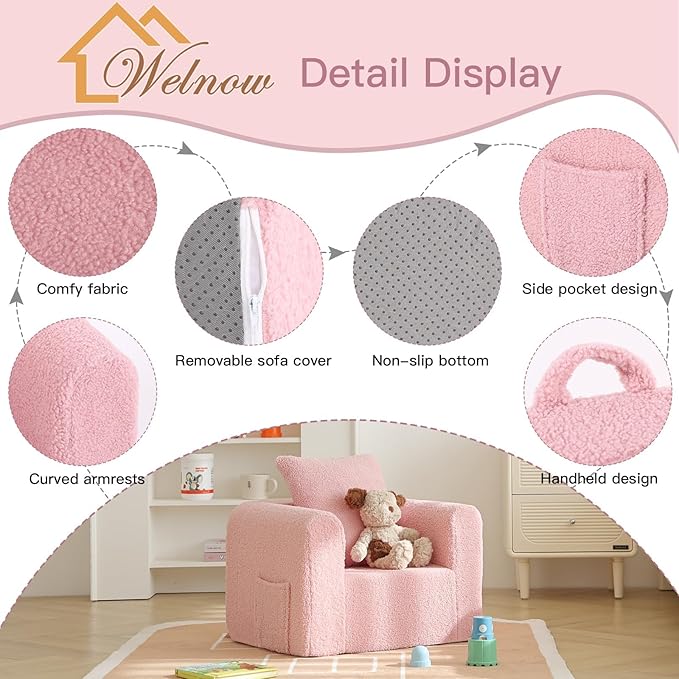 Welnow Kids Sofa with Pillow, Cozy Toddler Chair Soft Foam Seat for Reading, Children's Couch with Armrest Lightweight Comfy Kids Furniture for Bedroom, Playroom for Boys and Girls, Sherpa Pink