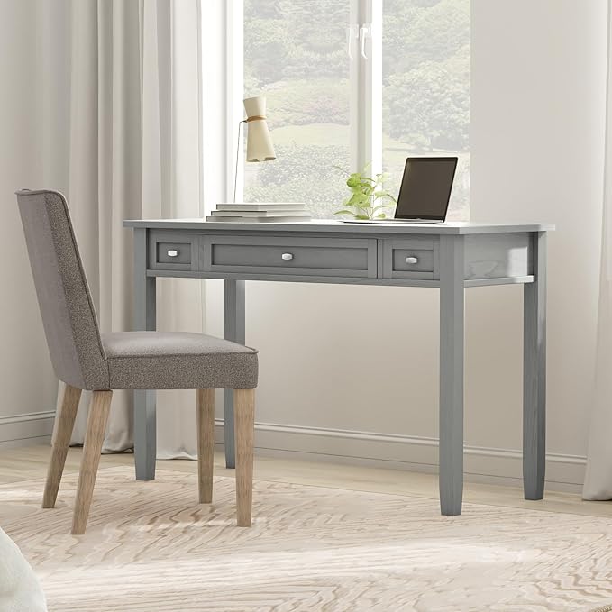 SIMPLIHOME Warm Shaker Desk - 48-Inch Wide Solid Wood Writing Desk in Fog Grey, Transitional Home Office Computer Table for Workspace or Study with Flip-Down Keyboard Tray and 2 Drawers