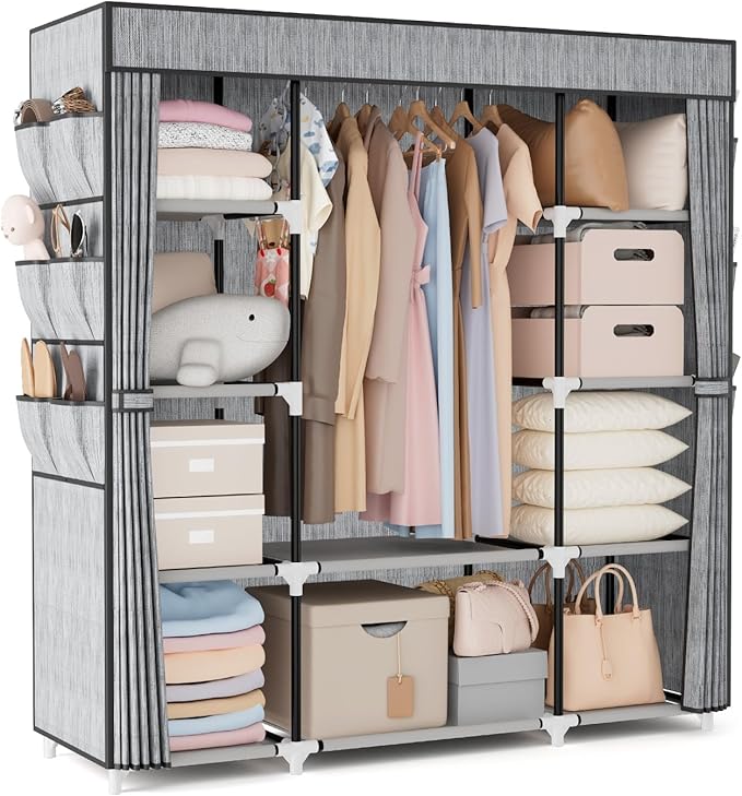 VTRIN Portable Closet Wardrobe for Hanging Clothes 57.3 Inch Large Capacity Clothes Rack with Cover, 10 Storage Organizer Shelves, 1 Hanging Rods and 6 Pockets, Free Standing Closet, Printing