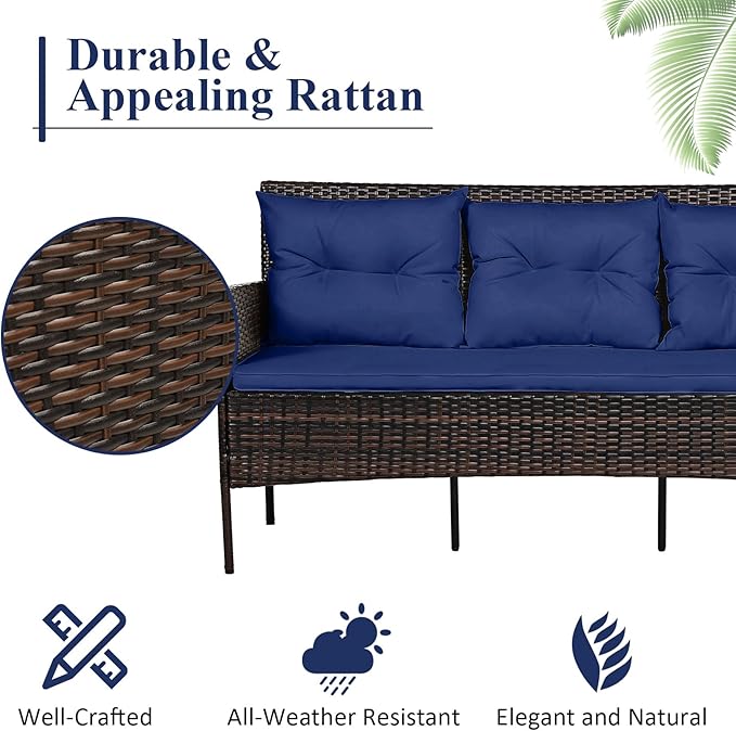 Tangkula 3 Pieces Patio Conversation Set, All Weather Outdoor PE Rattan Wicker Furniture Set with Padded Cushions, Tempered Glass Coffee Table, for Poolside, Backyard, Garden (Navy)