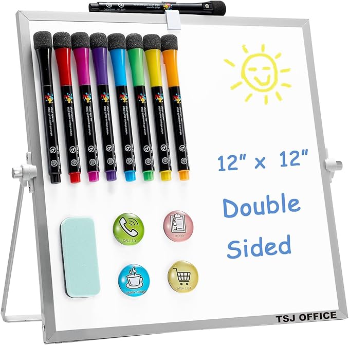 Small Magnetic Desktop White Board – 12 x 12 inches Mini Portable Dry Erase Whiteboard for Students Double Side to Do List Dry Erase Board with Stand for Office, School, Home