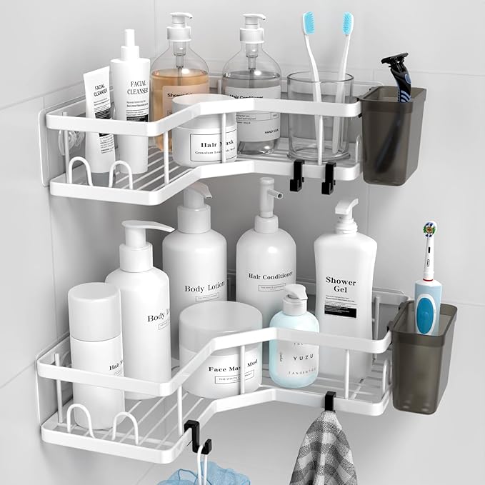 Shower Caddy Corner Organizer Shelf: 2Pack Adhesive Shower Shelf Essentials Accessories - No Drilling Stainless Steel Bathroom Storage Rack with Hooks and Toothpaste Holder