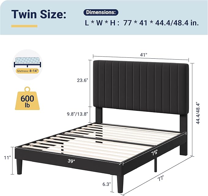 Allewie Twin Bed Frame, Velvet Upholstered Platform Bed with Adjustable Vertical Channel Tufted Headboard, Mattress Foundation with Strong Wooden Slats, Box Spring Optional, Easy Assembly, Black