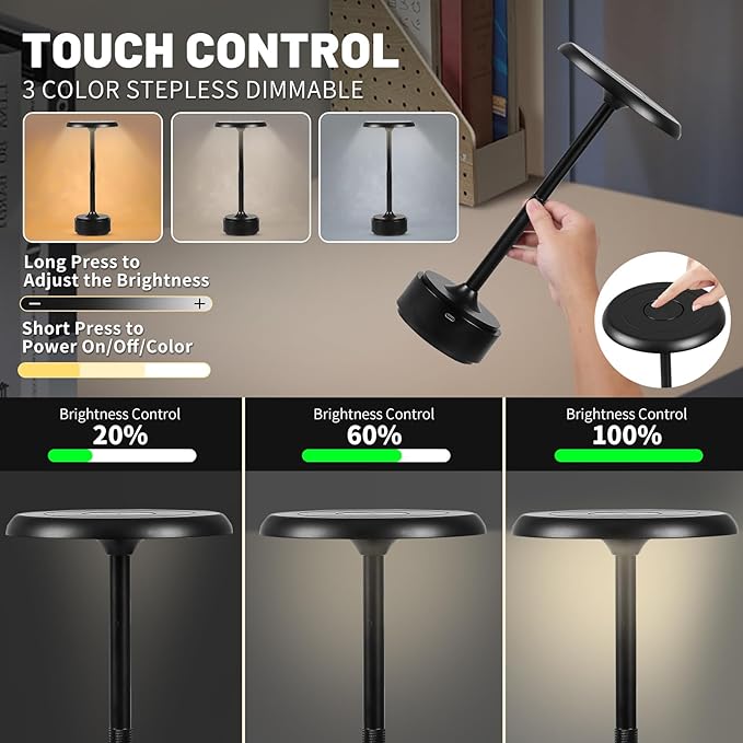 Small Table Lamp With 5200mah Battery - Rechargeable Desk Lamp For Cozy Nights, Usb-C Fast Charging & Stepless Dimming, Cordless Table Lamp With 3 Lighting Modes For Bedroom, Office & Travel(Black)