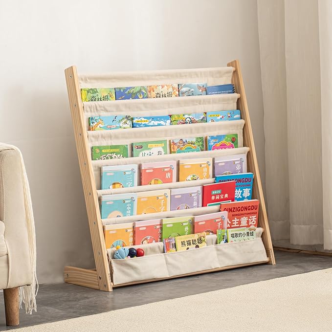 7 Tier Wooden Kids Bookshelf Book Holder Natural Wood Book Rack Storage Bookshelf for Kids Room Study Room Play Room Toy Storage Organizer (W: 29.52")