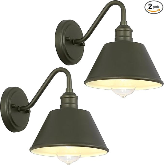 2-Pack Gooseneck Outdoor Light Fixtures, Dark Olive Outdoor Wall Sconces, Farmhouse Barn Light for Porch, Matte Iron Wall Light, Waterproof & Anti-Rust, Garage, Patio, Garden