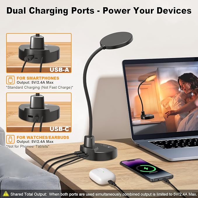 15W LED Desk Lamp with USB Charging Ports – Dimmable Table Lamp with 3 Color Temps, 5 Brightness, 4 Timers, Flexible Gooseneck Light with Base, Eye-Caring Reading Light for Home Office, Bedroom, Study