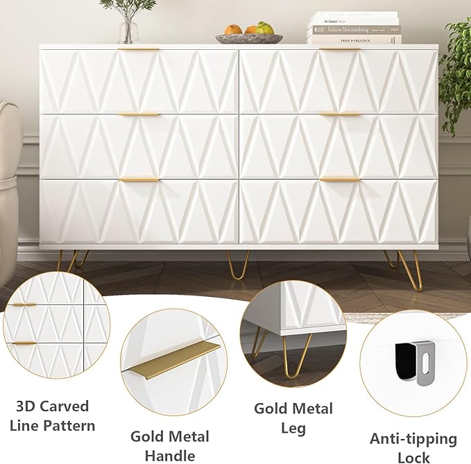 White Dresser for Bedroom,Modern 6 Drawer Dresser with Gold Handle and Leg,Wide Storage Chest of Drawers,Wood Dresser Bedroom Furniture,TV Dresser for Living Room