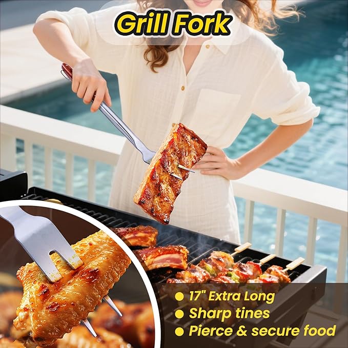 Grilling Accessories - 4Pcs Rose Wooden BBQ Grilling Tools Set, Heavy Duty Stainless Steel Barbecue Grill Tools Kit with Spatula, Clips, Brushes, Forks for Outdoor Grill, BBQ Gift for Men and Women