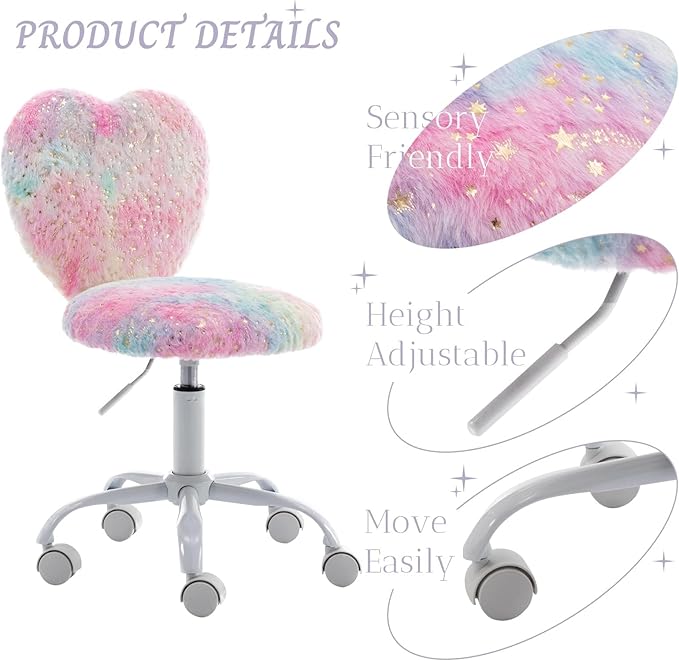 Cute Fuzzy Kids Chair for Teenage Girls - Rolling Study Desk & Computer Task Chair with Adjustable Heart Shaped Reading Vanity Seat, Colorful